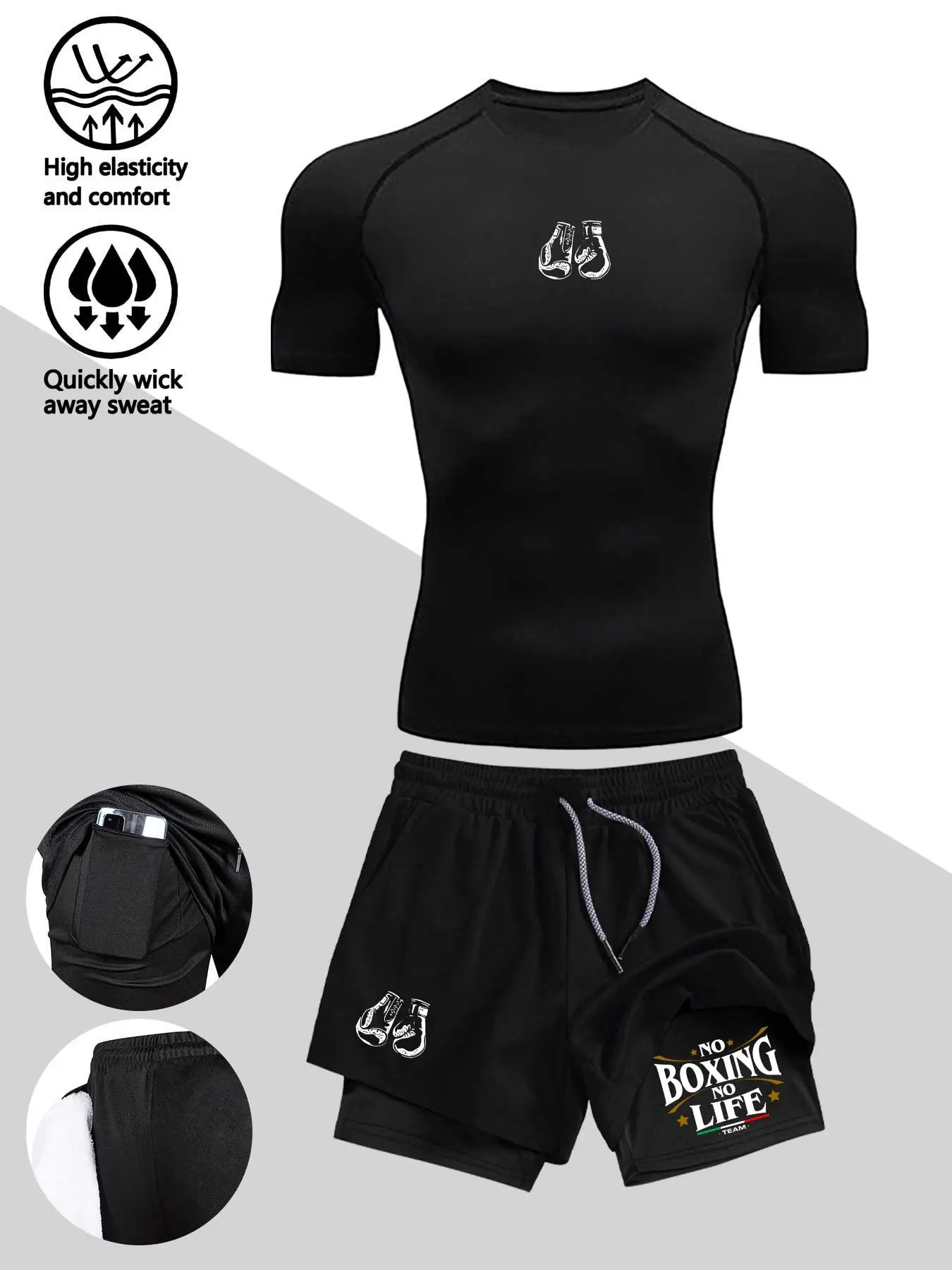 Men's Boxing Sport Compression Set, High Elasticity Fitness Gear, Moisture-Wicking T-Shirt & Shorts, Ideal for Gym, Cycling, Training, Fitness Clothing