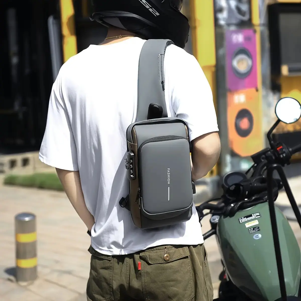 Anti-Theft Motorcycle Backpack with Lock, Convertible Crossbody Bag, Zip Closure, Adjustable Strap, Commute Travel, Men's Safety Bag, Versatile Bag