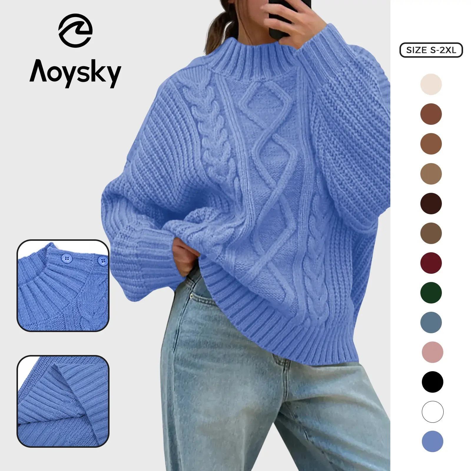 Aoysky Women's Baggy Oversized Cable Knit Pullover - Asymmetrical Side Button Mock Neck, Long Sleeve Soft Acrylic Solid Color Polyamide Top for Work, Party