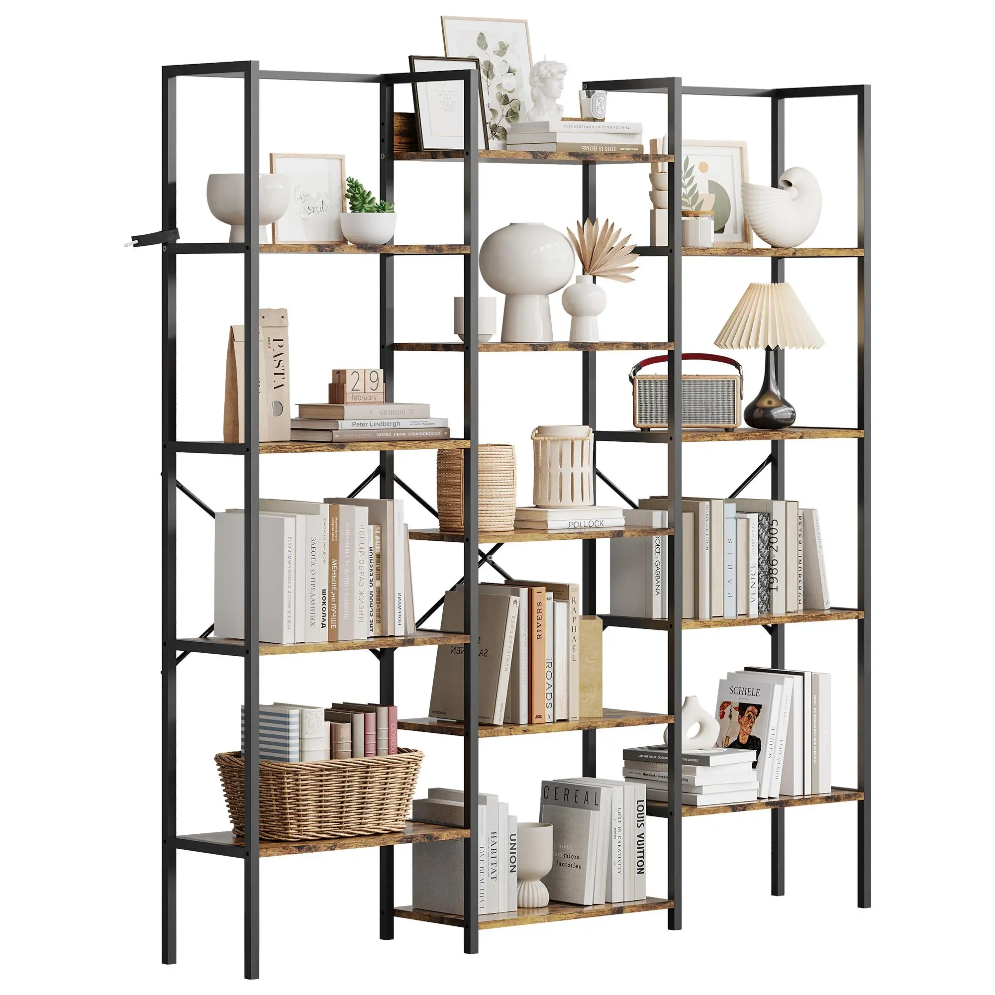 Gaomon Triple Wide 5-Tier Bookshelf, Rustic Industrial Bookshelf with Metal Frame, 67.5" Large Bookcase with 14 Display Shelves, Ideal for Living Room, Home and Offcie, Rustic Brown