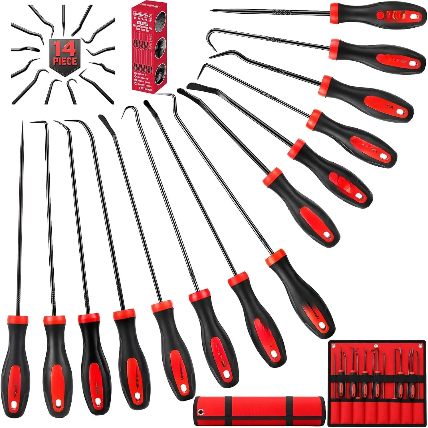 14-Piece Metal Crochet Tool Set - Long/Mini Sizes with Non-Slip Handles, Precision Tips for O-Ring Removal, Seals/Gaskets, Hose Maintenance, Ideal for Car Repairs, Car Repairers, Metal Tools