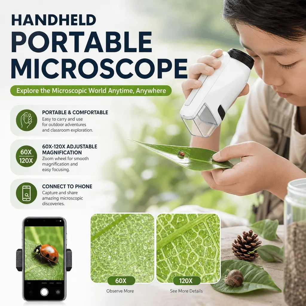 Pocket Microscope for Kids - Handheld LED 60-120x Magnification, STEM Science Toy, Outdoor HD Insect Observation, Experiment Kit, Christmas Halloween Thanksgiving Gift