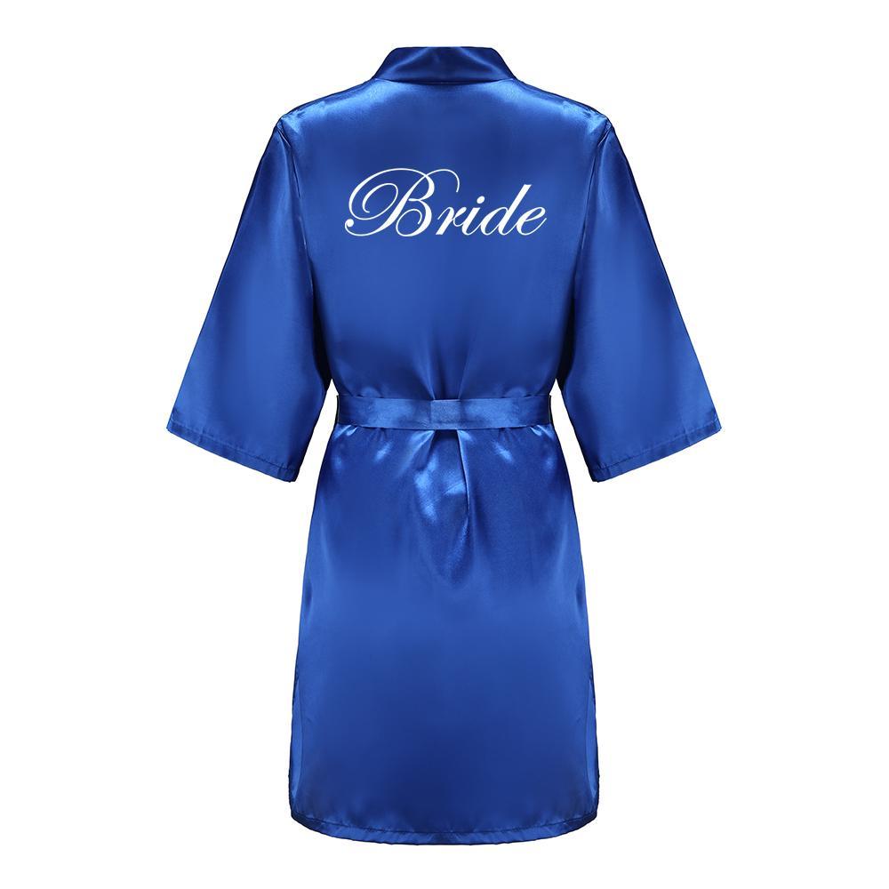 Wedding Party Team Bride Robe With White Letters Kimono Satin Pajamas Bridesmaid Royal Blue Bathrobe