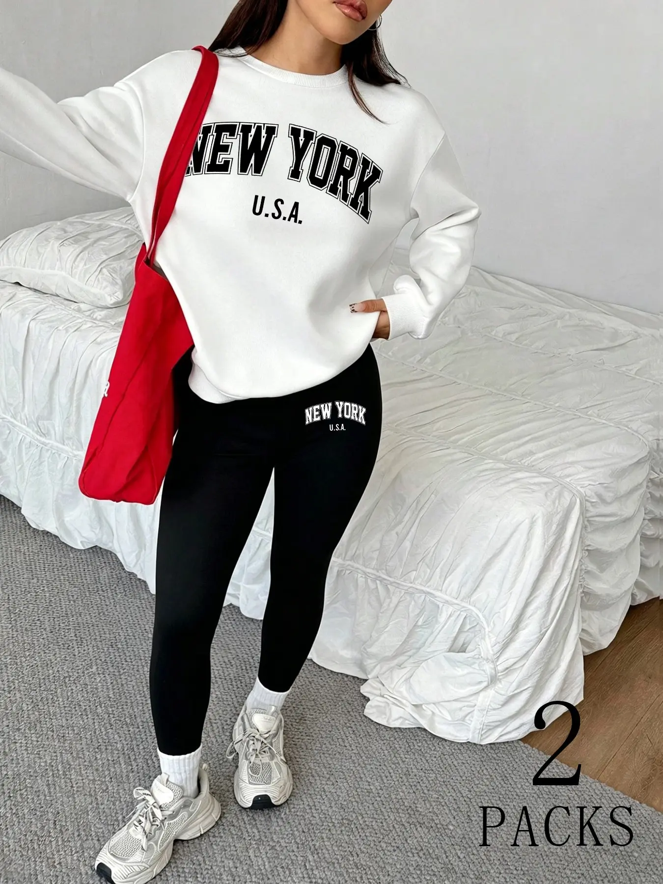 Women's "NEW YORK" Print 2 Piece Outfits, Crew Neck Long Sleeve Sweatshirt & High Waist Leggings Set, Casual American Style Loungewear, Summer Vacation OOTD Outfits Inspo, Trendy Going Out Tracksuit for Women and Teen Girls