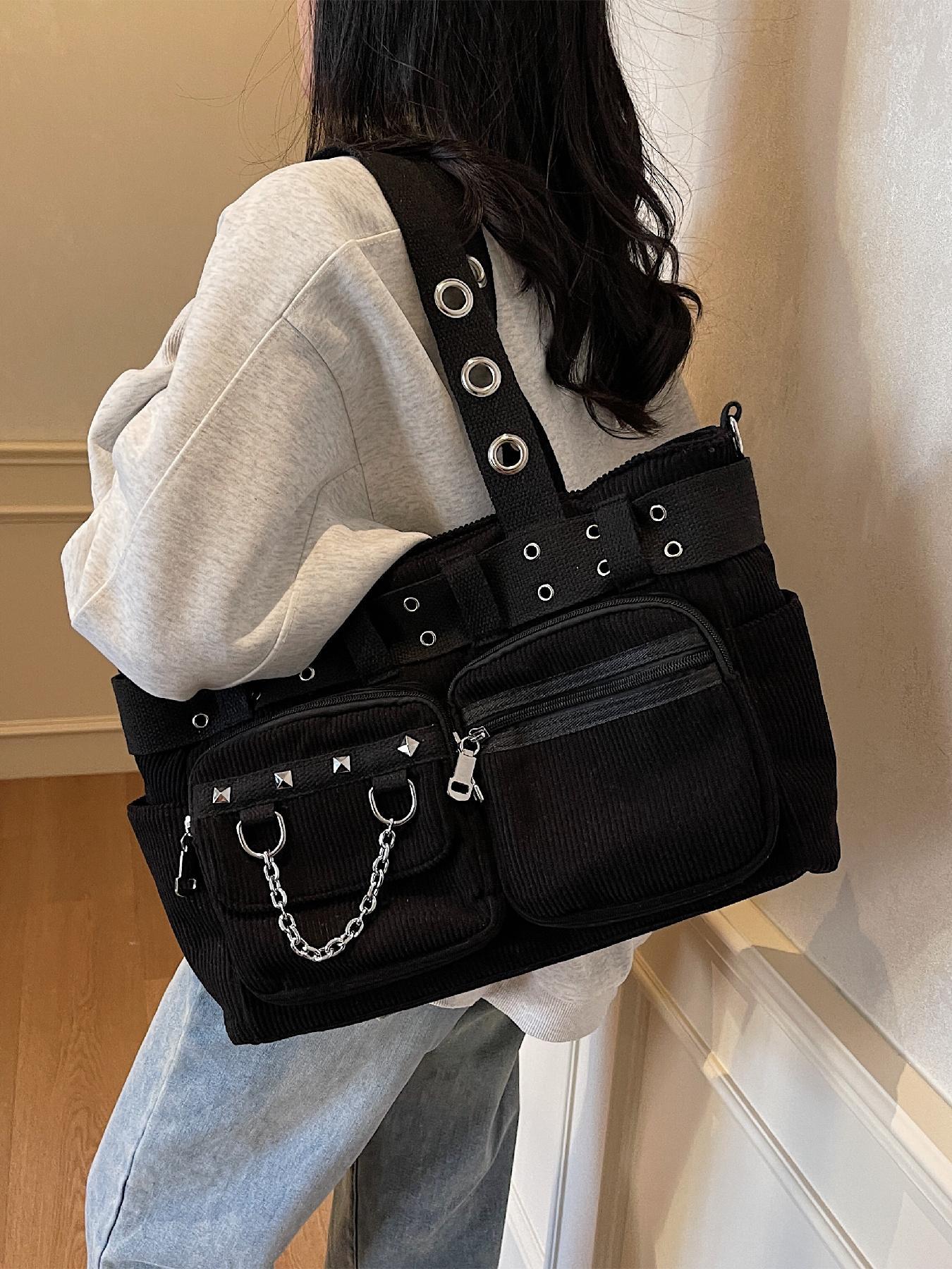 Punk Style Studded & Chain Decorated Crossbody Bag, Multi-pocket Shoulder Bag for Women, Casual Trendy Versatile High-quality Daily Commuting Bag, Fashionable Crossbody Bag