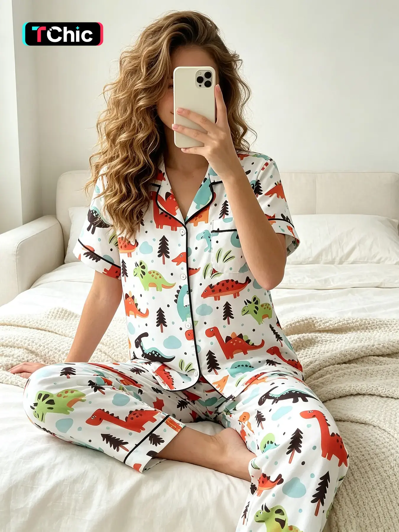 Women's Open‑front Short Sleeve Top And Long Pants Pajama Set, wearable all seasons, assorted cute woodland dinosaur graphic, child‑like cozy loungewear, comfy sleep suit, pleasant home garments, casual rest‑wear