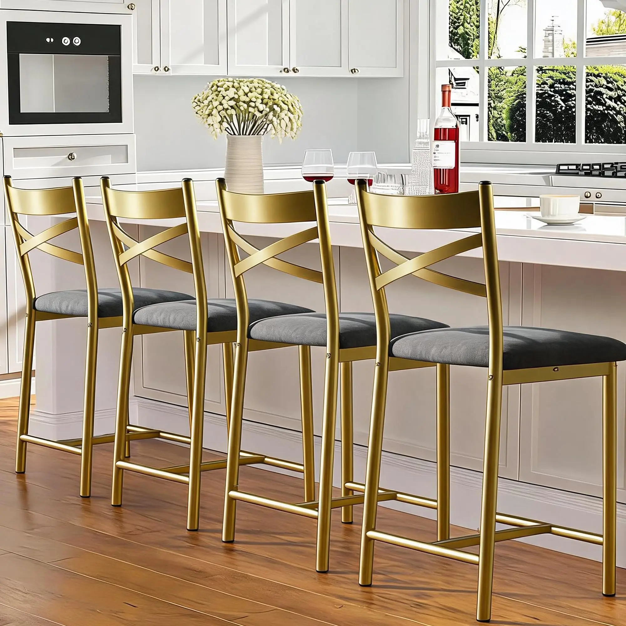 4-Piece 22.4in Counter Height High Bar Chairs, Rustic Brown & Black Indoor Furniture with X-Shaped Backs, Thick Cushions for Dining Room, Kitchen Seating, High Bar Chair