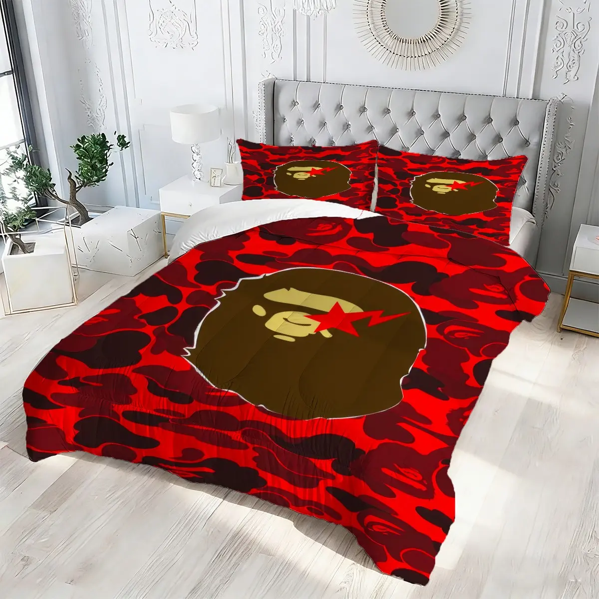 Bright Red Camouflage Monkey Head Red Star Print Comforter Set, 2/3 Pcs All‑Season Bedding Set with Pillowcases, Pillow Inserts Not Included, for Mens Teen Boys Bedroom, Streetwear Dorm, Hip Hop Fashion Home Decor