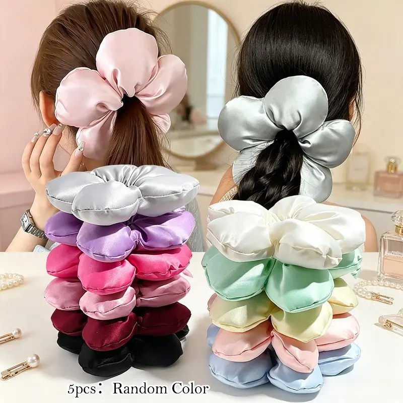 Atmospheric Oversized 3D Floral Satin Scrunchie, Premium Fabric Hair Tie, Gentle Hair Accessory for Women for Buns & Ponytails