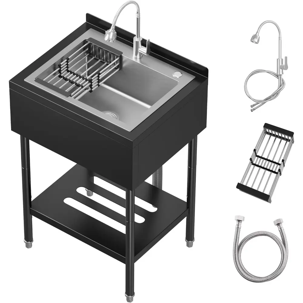 25.6"x20.5"x39.4" Stainless Steel Utility Sink, Freestanding Single Bowl with Pull-Out Hot & Cold Faucet, Drain Basket, Adjustable Legs for Laundry Room, Garage, Kitchen