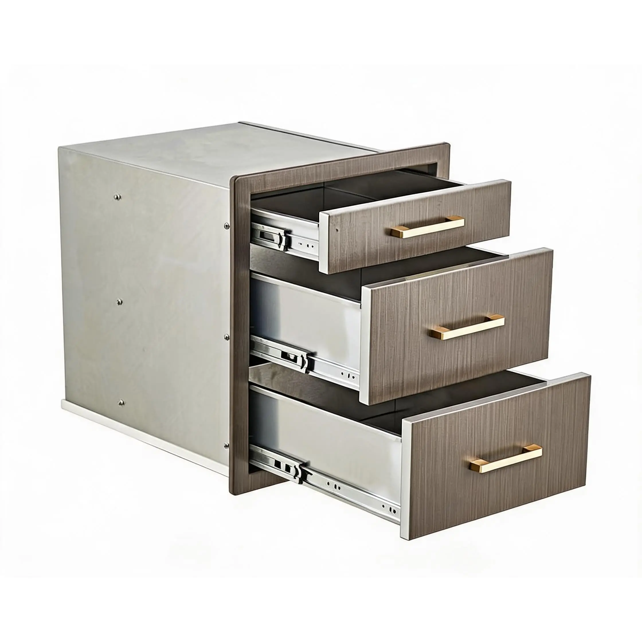 GARVEE 304 Stainless Steel Triple Drawer Set - Brown/Gray Wood-Like Finish, Island Bar Fit Organized Storage for Outdoor Kitchen, Camp Kitchen Essentials
