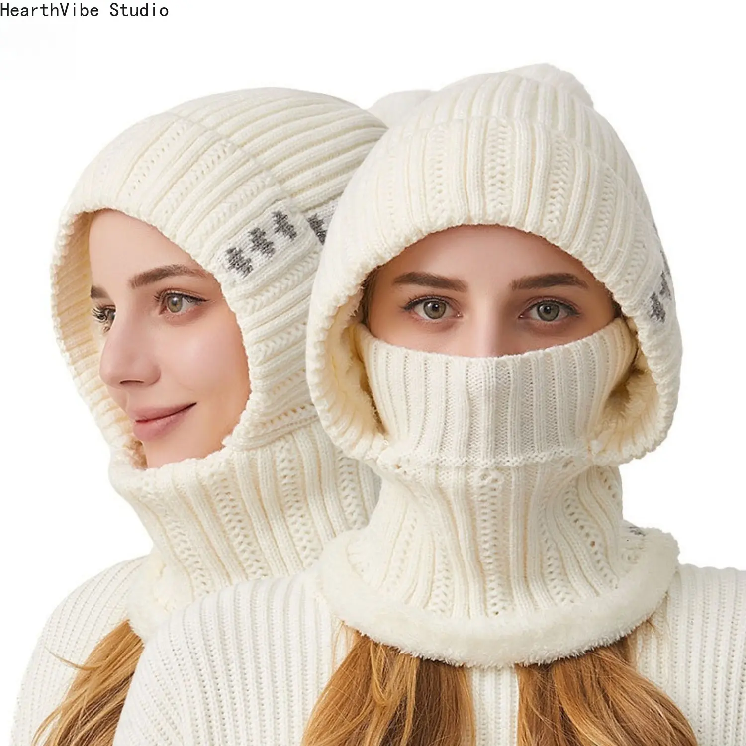 3-in-1 Winter Balaclava Beanie Hat for Women Fleece Lined Thick Knit Hooded Scarf with Face Mask Neck Warmer Windproof Thermal Ski Cap Set for Cold Weather