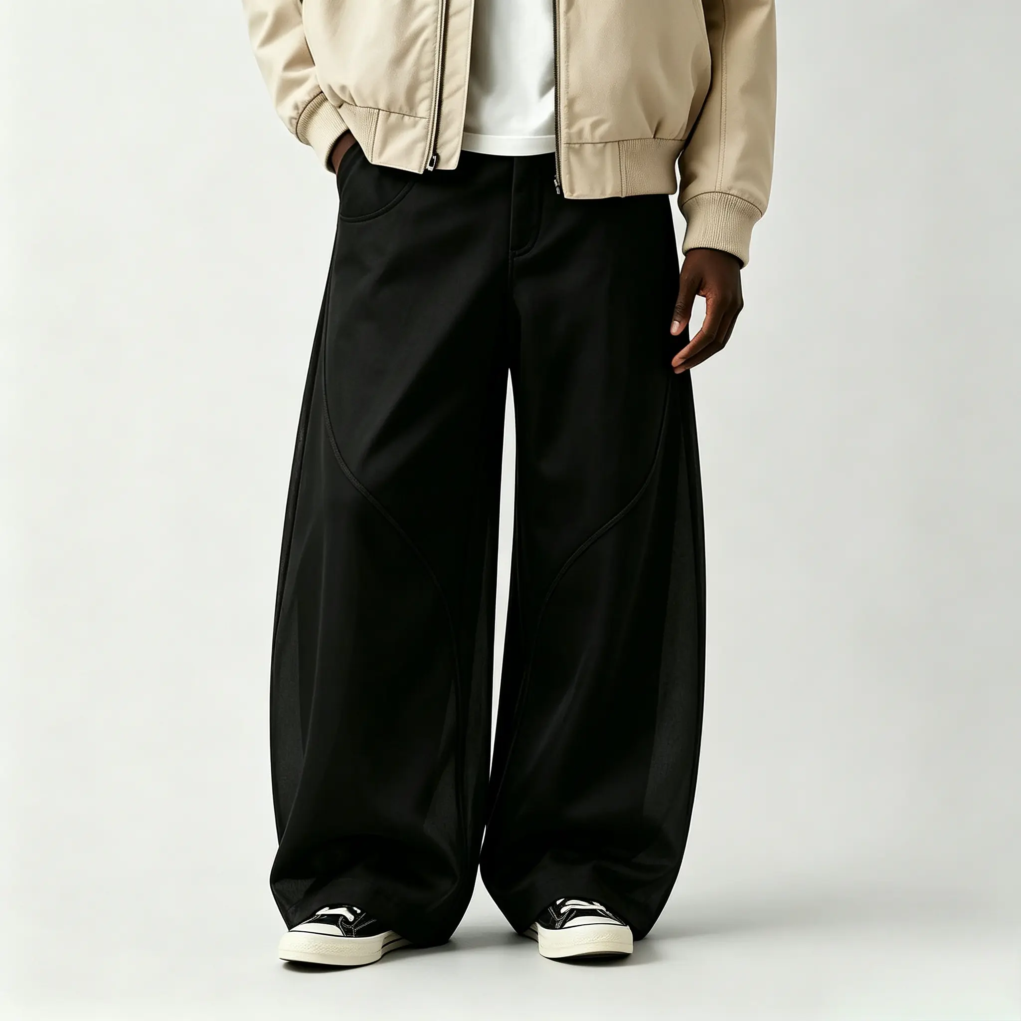 Men Curved Seam Wide Leg Black Dress Pants, Smooth Draping Loose Baggy Trousers With Button Waist, Streetwear Casual Pants For Young Men Teens Daily Hip Hop Street Outfits, Buttons, Woven, Fabric, Ankle Length Men's Pants