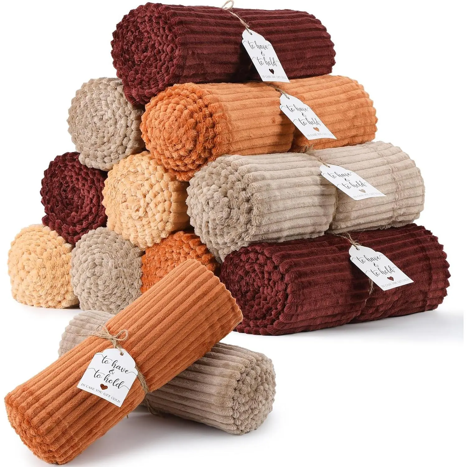 12 count Terracotta Wedding Flannel Throw Blanket Bulk 50 x 60 Inch with to Have to Hold Card Striped Ribbed Soft Throw Blanket Lightweight Blankets for  Seasons Wedding Gifts Sofa Room(Terracotta)