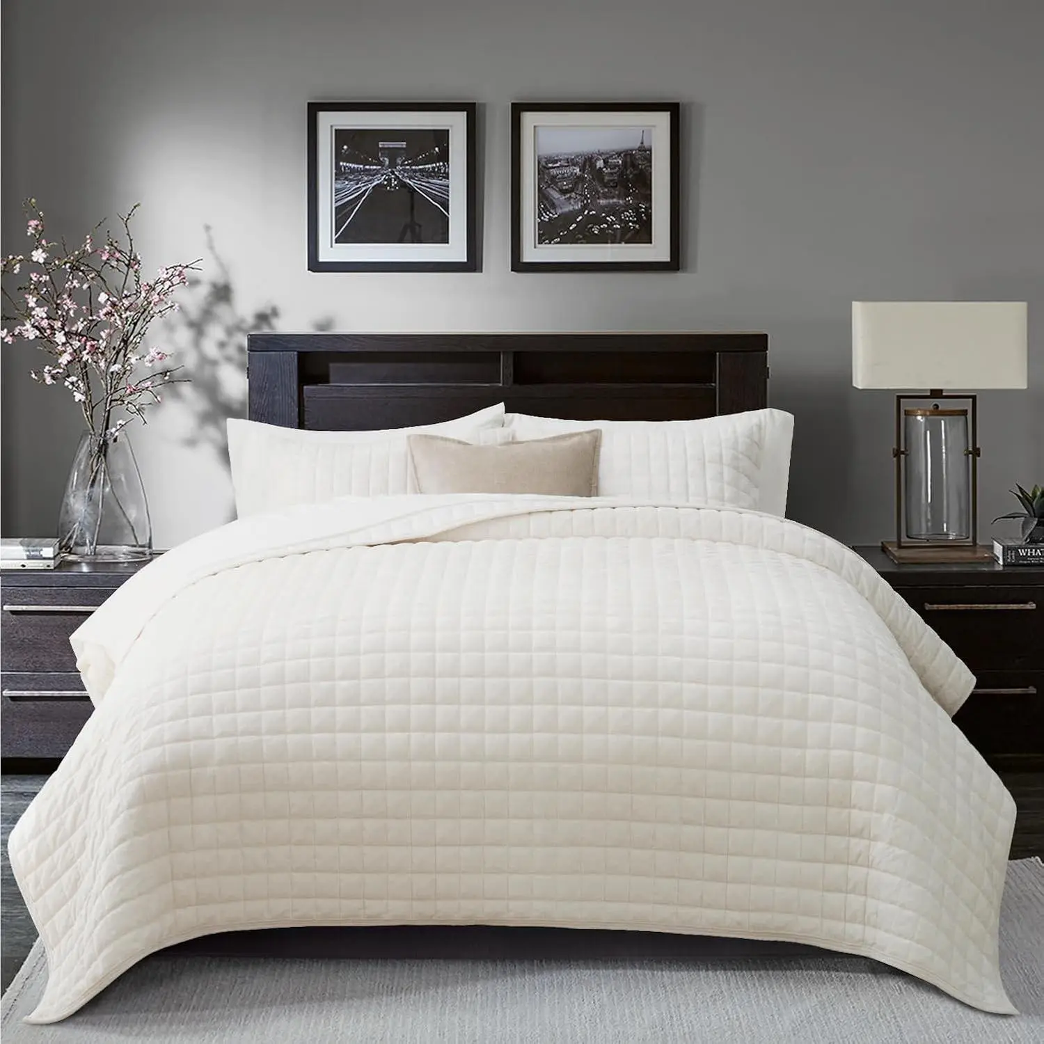 Cream White King-Size Channel Box Stitches Velvet Quilt Set - Ultra Soft Lightweight Comforter, Luxury Oversized Bedspread Coverlet, All-Season Bedding Set with 2 Shams