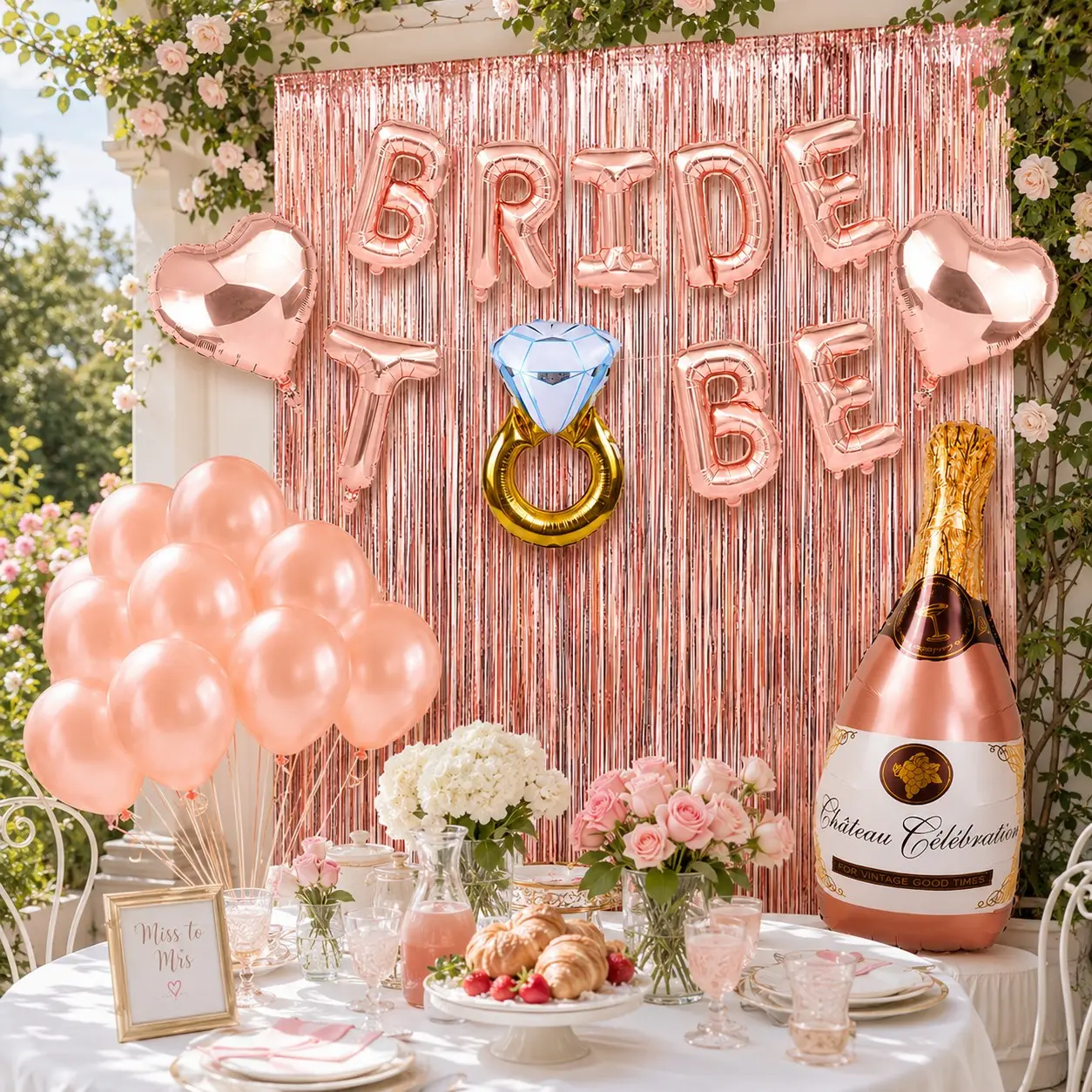Rose Gold Bride To Be Balloon Garland Kit, Festive Bridal Shower Bachelorette Party Decorations with Champagne Bottle and Foil Fringe Backdrop