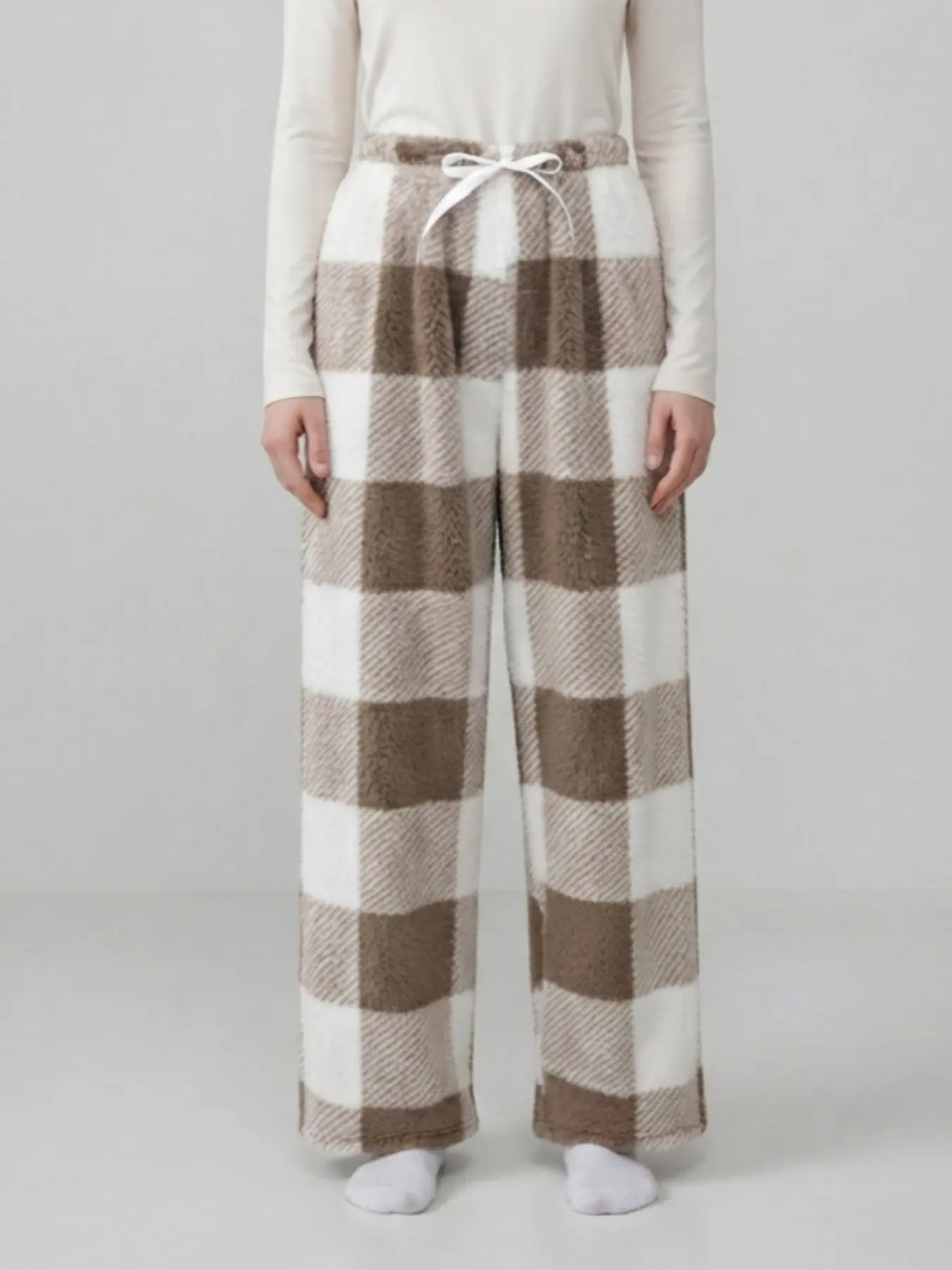 Women's Fall Winter Retro Plaid Fuzzy Loungewear Pajama Pants Nightwear, Elastic Waist Loose Wide Leg Straight Long Pants, Cozy Home Wear for Casual Outdoors
