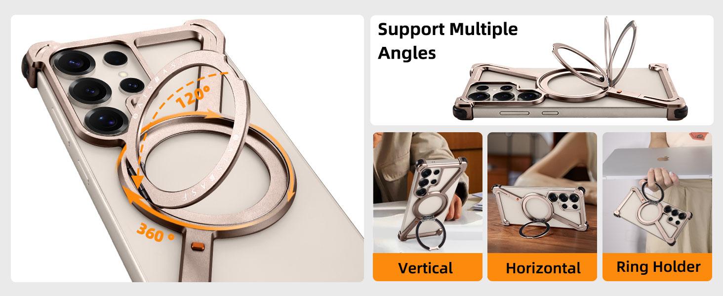 Oatsbasf Metal Frameless Phone Case for Samsung Galaxy S25 S24 Ultra with Stand 360° Rotation Magsafe Bumper Protective Cover