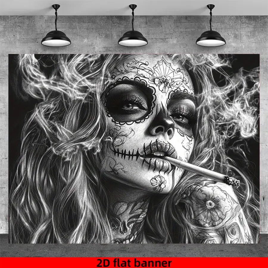 2D Flat, 2D FLAT BANNER 1pc 2D Flat Banner, Vintage Skull Girl Pattern Banner, Thickened and Wear-resistant, Highly Decorative, Suitable for Living Room / Bedroom / Study / Office / Hallway, Enhances Home Texture,  Modern Minimalist Style, 2D Flat