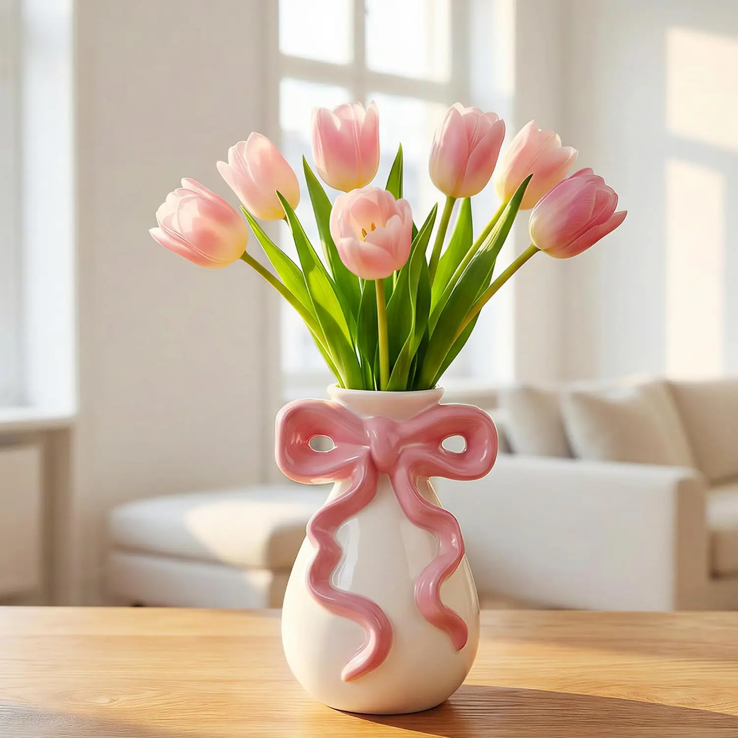 Pink Bow Vase, Cute Flower Vase with Bow, Coquette Ceramic Vase for Flower, Pink White Bow Vase Modern Coquette Room Decor for Home Living Room Bedroom Office Shelf Table Women Girl Gifts