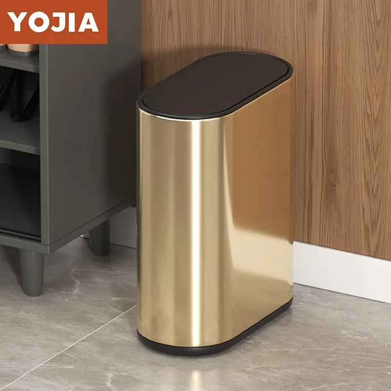 1 ultra-thin gold bathroom garbage bin, Waste bin 1.85 gallon/7L, suitable for crevice spaces, oval double-layer, waterproof small with lid, stainless steel, suitable for bedrooms, offices, living rooms, RVs
