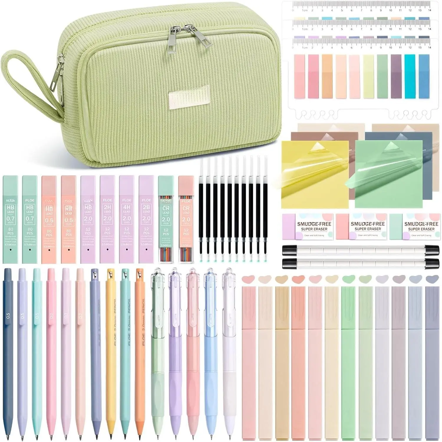 62 count Aesthetic School Supplies Cute  to School Supplies Stationary Set | College Preppy Essentials Kit with Large Pencil Pouch Case, Pastel Highlighters Gel Pens Mechanical Pencils for Student Girls