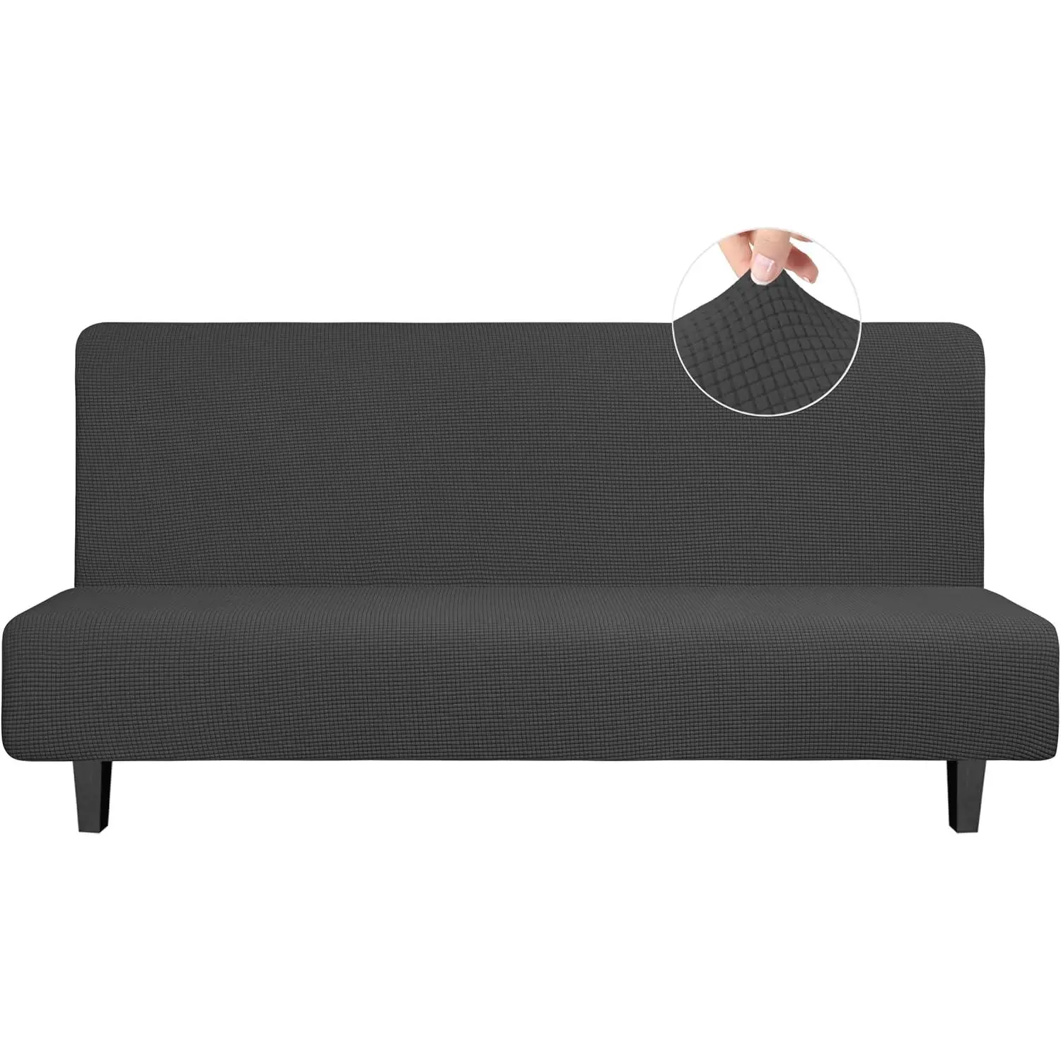 Stretch Armless Futon Slipcover Futon Bed Cover Furniture Protector Without Armrests with Elastic Bottom for Kids, Soft Jacquard Fabric Small Checks (Large, Dark Gray)