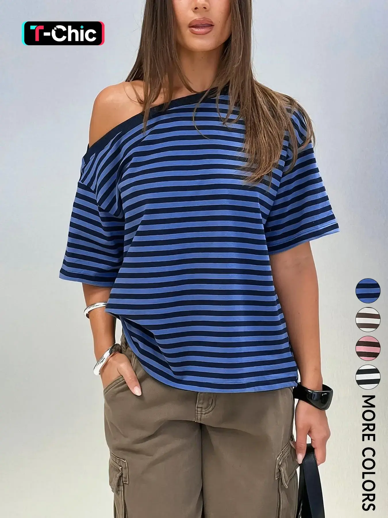 Women's Striped Off-Shoulder T-Shirt, Casual Lightweight Loose-Fit Baggy Top for Comfortable Daily Wear, Trendy Summer Fashion, Casual Tee Shirts