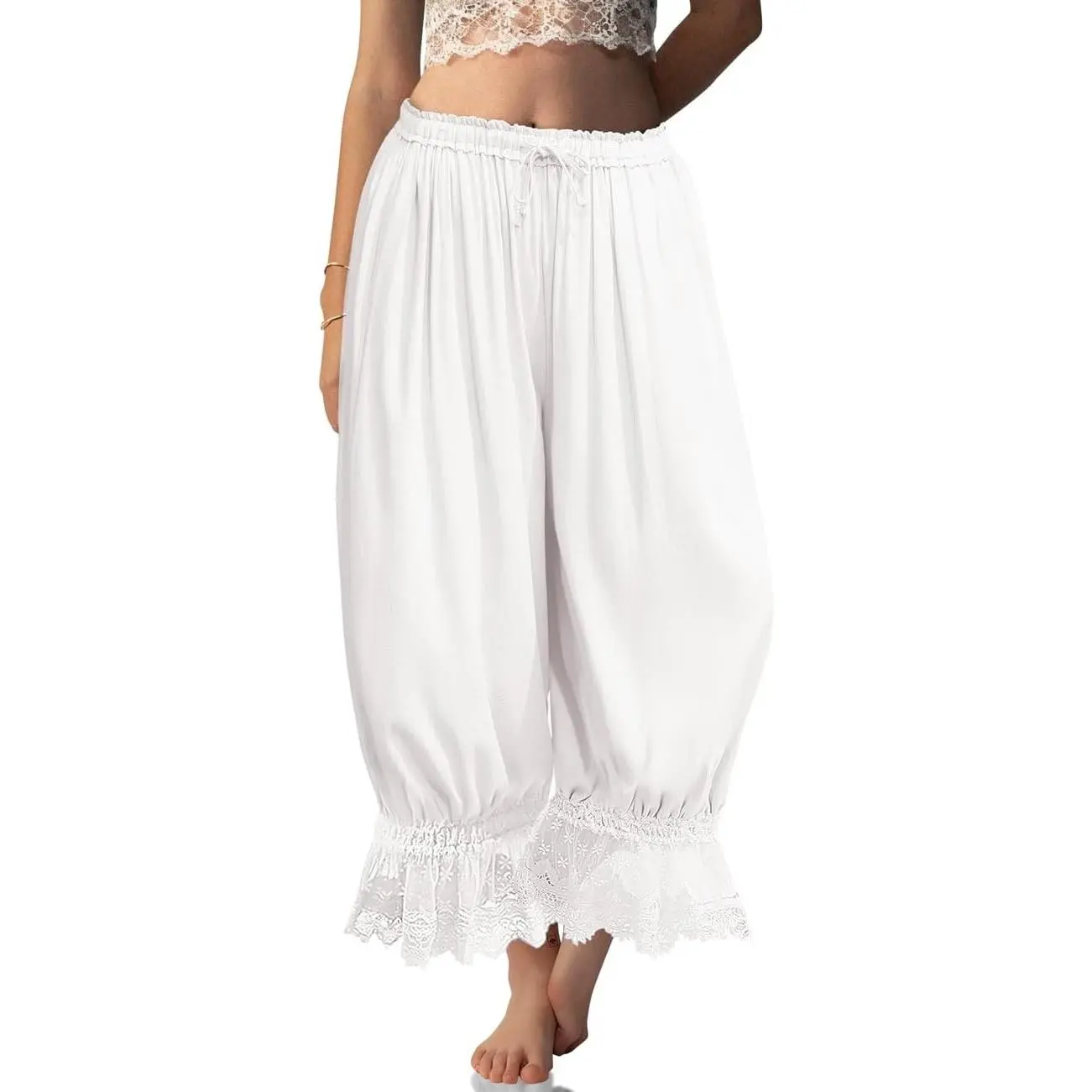 Women's Linen Wide-Leg Bloomers with Lace Trim & Ruffles - Victorian Vintage Pantaloons, Halloween Cosplay Casual Bottoms for Summer Beach Travel