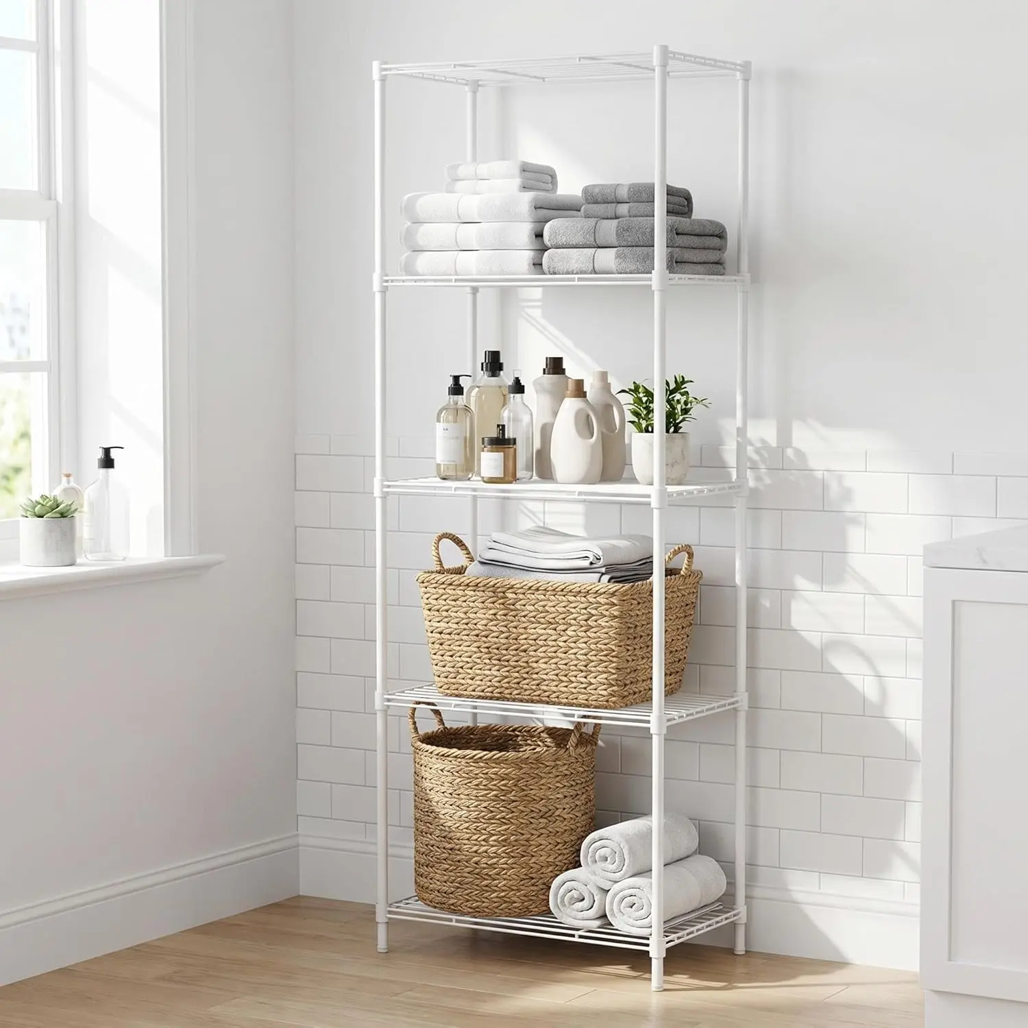 Adjustable Metal Storage Shelves – 3-Tier & 5-Tier Wire Rack Units with Leveling Feet – Durable Organizer for Pantry, Kitchen, Garage, Home & Office, 11.8" W x 17.7" L – Black