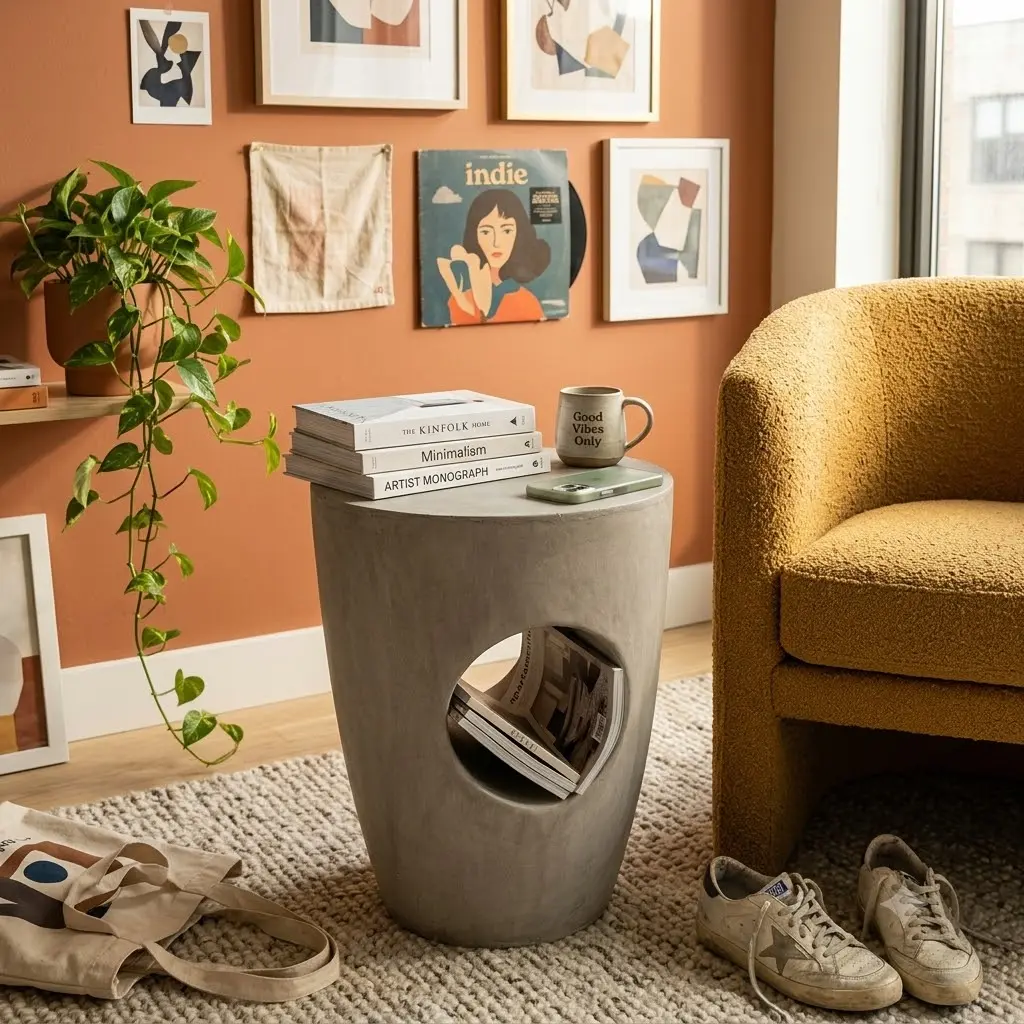 Summerwins 14.5in Concrete Drum Side Table - Modern Retro, Magnesium Oxide & Cement Material, Durable, Lightweight, No Assembly, Gray for Outdoor & Living Room