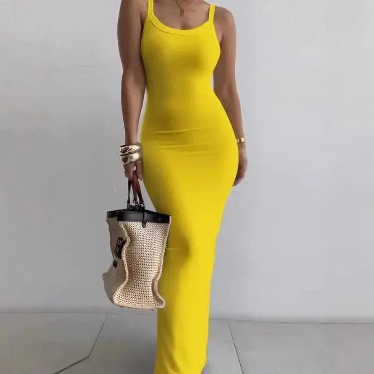 New Solid Color Sling Slim Fit Skinny Sleeveless Maxi Dress Comfortable Refined Cine Dress