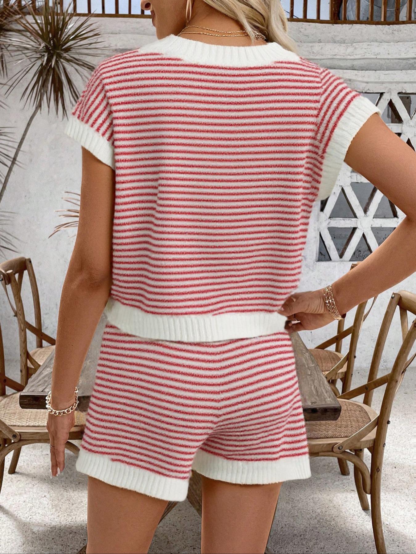 Women's Solid Ribbed Knit Sweater & Elastic Waist Shorts Two-Piece Set, Casual Fashion Cozy Knitwear Set for Daily Outdoor Wear, Ladies Clothes for Spring & Summer, Suits, Cute Summer Outfit, Striped Knit Sets