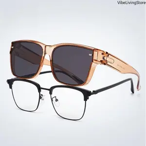 Flip Up Fit Over Sunglasses TR90 Frame UV400 Square Shades, Wear Over Prescription Glasses Unisex Daily Outdoor Eyewear