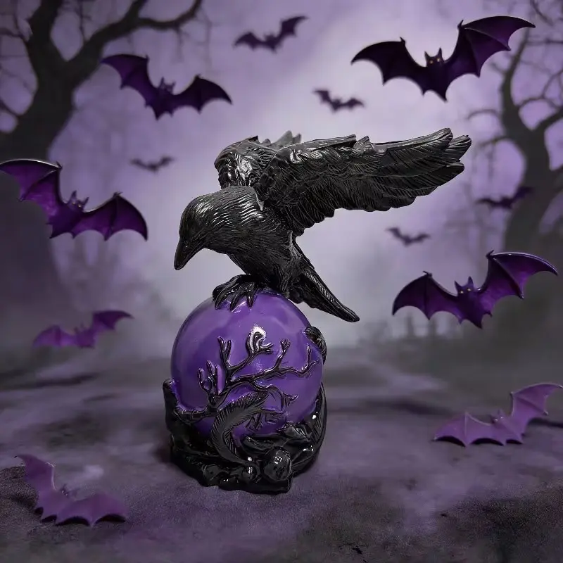 Gothic Resin Crow Night Light, USB Powered Spread Wing Crow Desk Lamp, Glowing Thorn Ball, Dark Retro Bedside Lamp, Halloween Decor, Unique Gift