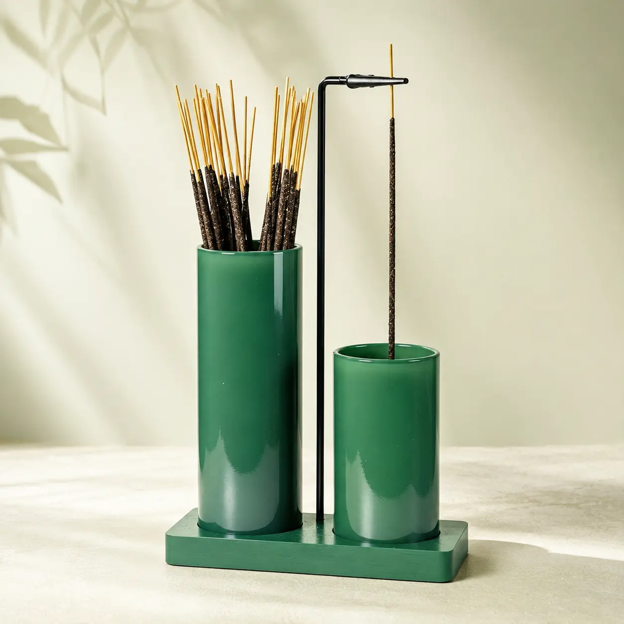 Incense Holder with Wooden Base, Minimalist Green Inverted Burner with Ash Catcher and Stick Storage Container, Gift for Yoga & Home Decor, Cleaner