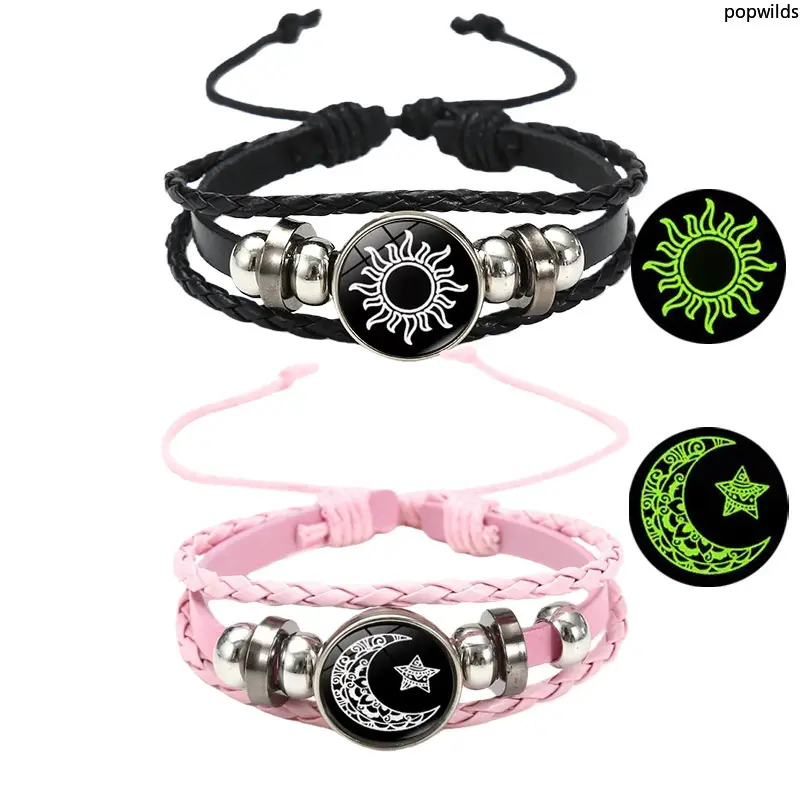 Glowing Sun Moon Couple Gem Braided Bracelet Matching Sets - Unisex Hand-Woven Cord, Adjustable Wrap, Vintage Romantic Jewelry for Men & Women, Anniversary Gift, Unisex Wear