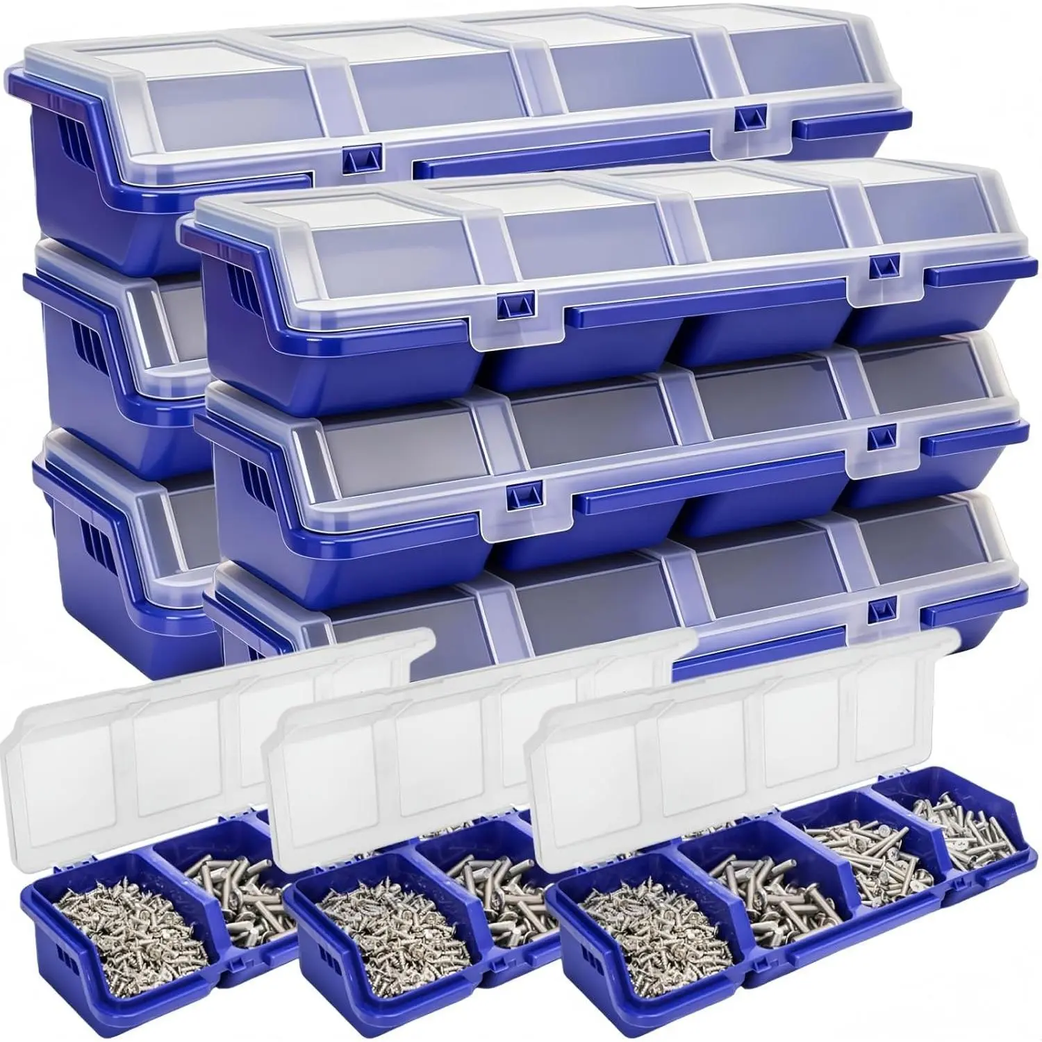 6 Pack Screw Organizer Box with Lid, 4 Compartments Small Parts Bins, Plastic Hardware Storage Containers, Nails Sorting Divider Toolbox Case for Garage Nuts Bolts Craft Organizing