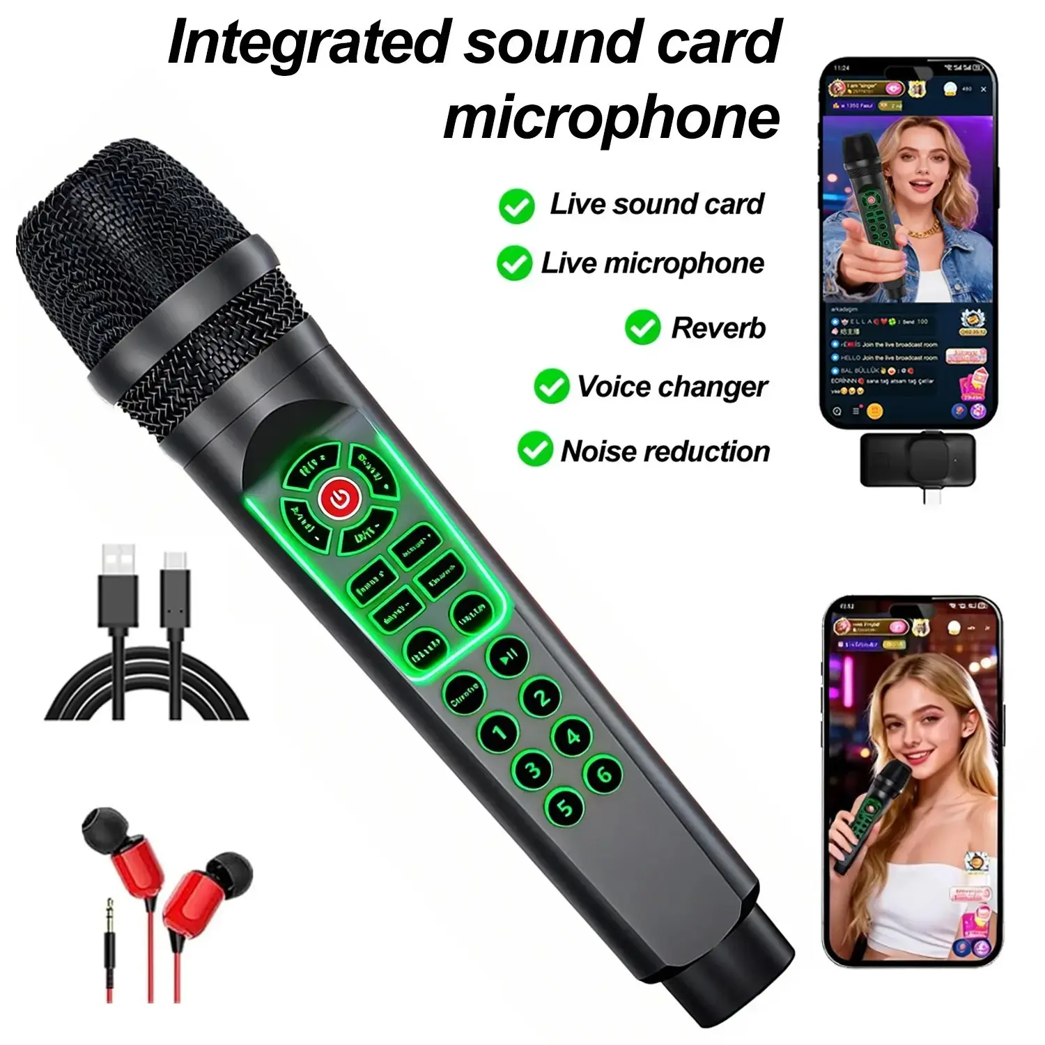 Two-In-One Integrated Audio Interface Mic, Live Streaming Sound Card, Noise Reduction, Reverb, Dj Mixer, Compatible with Mobile/PC