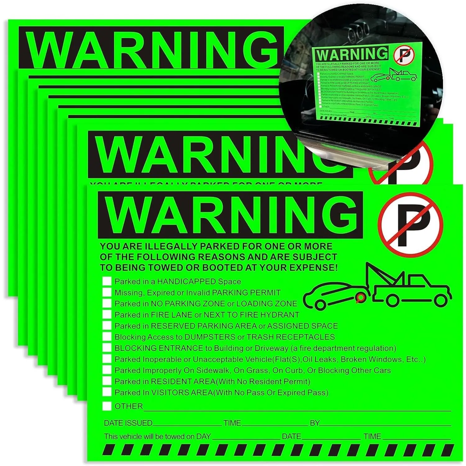 Illegal Parking Warning Stickers - Vibrant Green Parking Violation Notices - Peel-and-Stick Adhesive - 50 Pcs Private Parking Violation Decals for Car Windows - 5.5 x 7.5 InchesGift