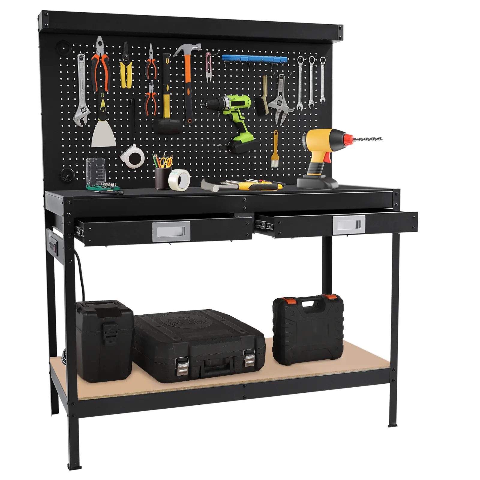 Work Bench with Storage, 48 Inch 2-Tier Work Table with Pegboard, 2 Drawers, Built-in 4 AC Power Outlets, Heavy Duty Metal Tool Storage Bench, Anti-Slip Storage Workstation, Anti-Rust Workbench for Garage, Workshop, Office Garage, DIY Projects