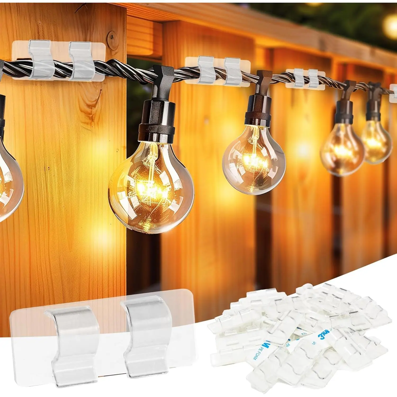 Hooks for Outdoor String Lights Clips, 60 count Heavy Duty  Clips  Adhesive Strips for  Christmas Light, Outside UV-Resistant Clear Sticky Cord Holders Rope Organizer