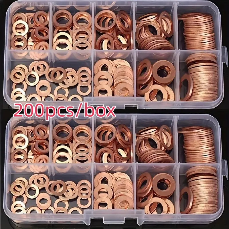 Copper Washer Assortment Kit, 200pcs Copper Washer Set, Anti-corrosion, Pressure Resistant, Fasteners, Fastening & Heavy Duty Gasket Set Suitable for Boat Engine, DIY Boat Repair & Maintenance