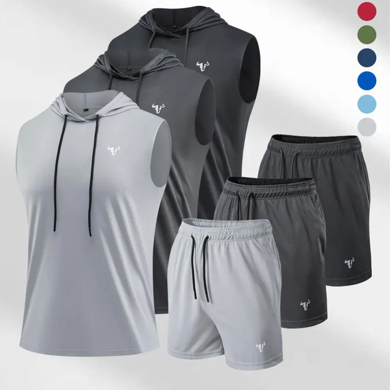 Men's Sporty Fitted Suit Set, Sleeveless Drawstring Hoodie & Pockets Pants, Breathable Polyester Fabric, Ideal for Sports & Daily Wear, Athleisure Summer Clothes, Hooded Sportswear Set