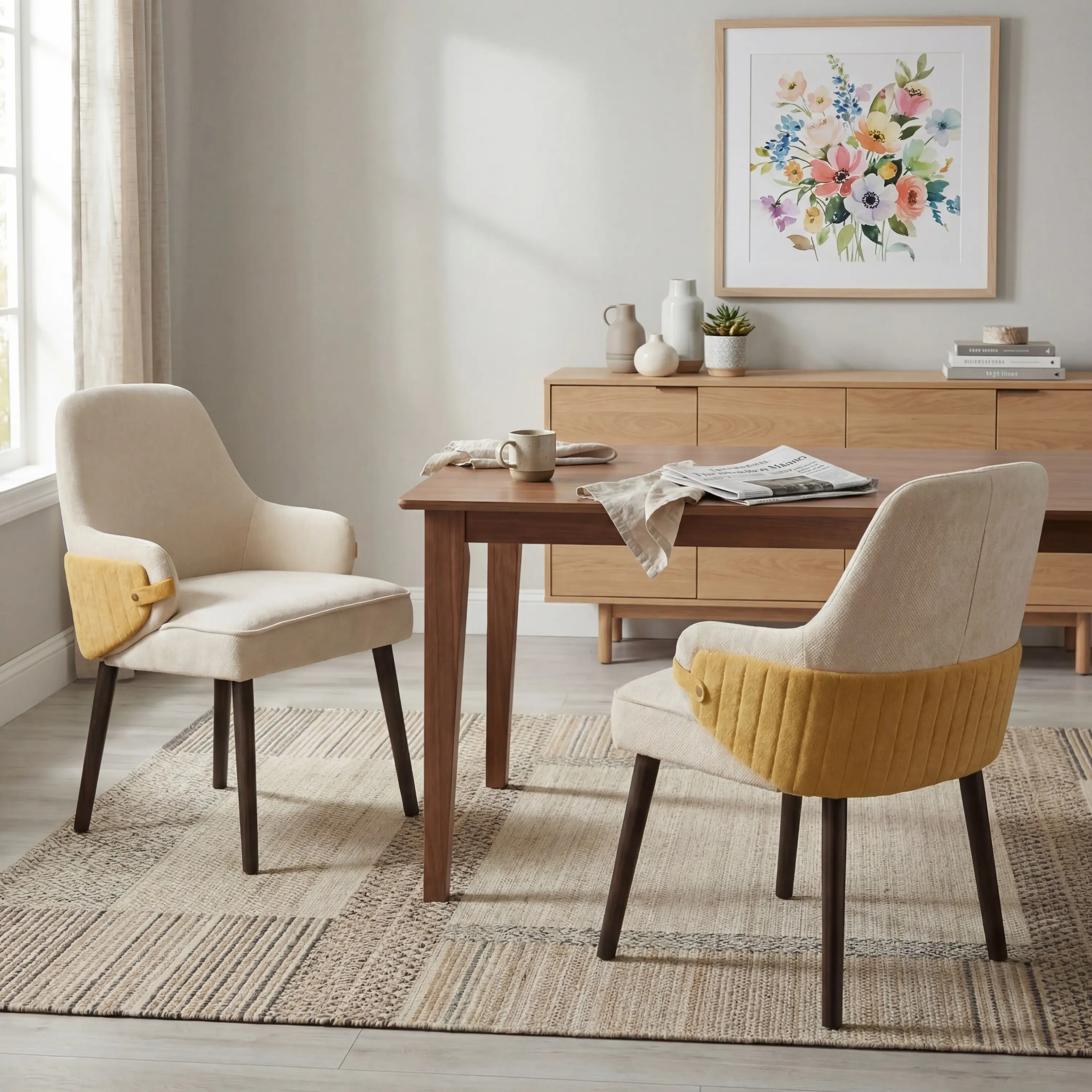 Nokaa Set of 2 Beige & Yellow Two-Tone Fabric Dining Armchairs, Modern Accent Chairs with Sturdy Pine Plywood Rubber Frame for Dining Room Living Area, 300 lbs Capacity, Easy Clean, 24Wx22Dx32H in, Color Options Available