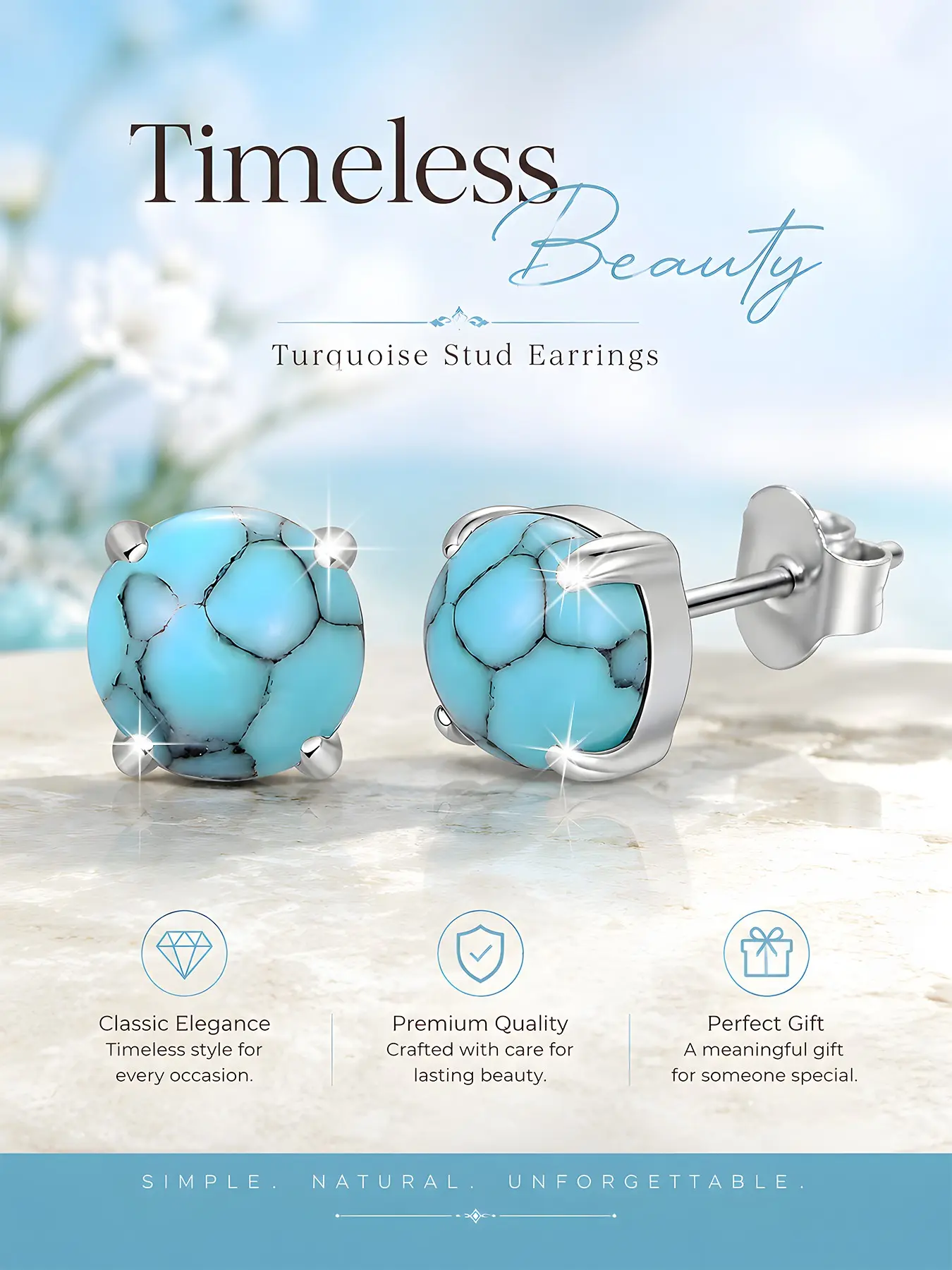 A pair of women's 925 silver plated vintage natural turquoise nickel-free classic four-prong earrings with simple irregular pattern, low allergy, Hypoallergenic earrings, suitable for daily wear, perfect gift for friends
