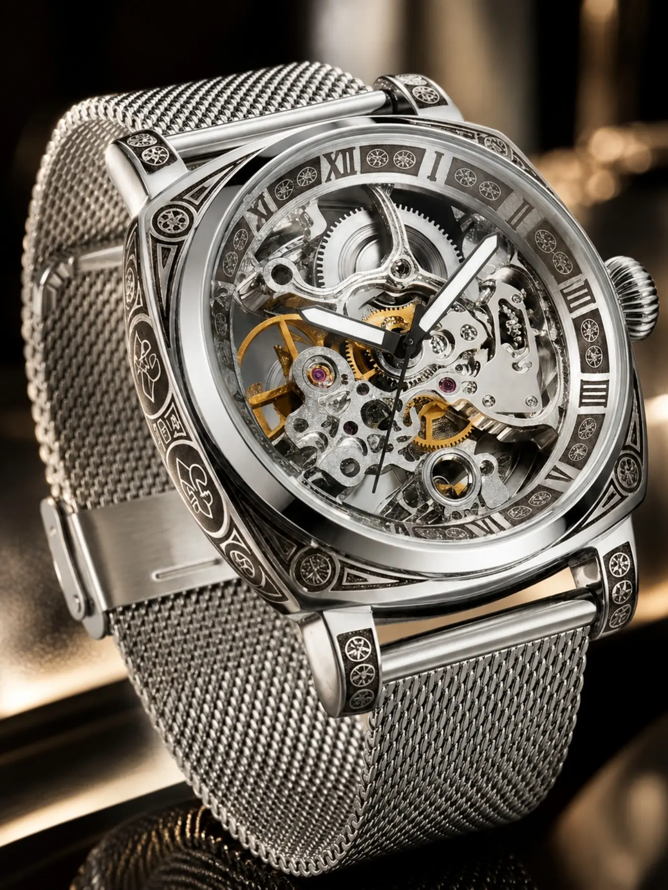 Luxury Silver Color Mechanical Watch for Men, Analog Watches, Business Fashion Watch, Intricate Engraved Case, Transparent Movement, Metal Mesh Strap, Perfect Gift, Analog Wristwatches, Fashionable Stylish Watch, Elegant Watch
