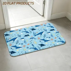 Playful Cartoon Underwater Marine Pattern Doormat, Light Blue Seamless Design with Whales, Dolphins, Manta Rays, Starfish, Seahorses, Coral & Seashells, Multiple Specs, Ideal for Entryway & Daily Home Entrance Use