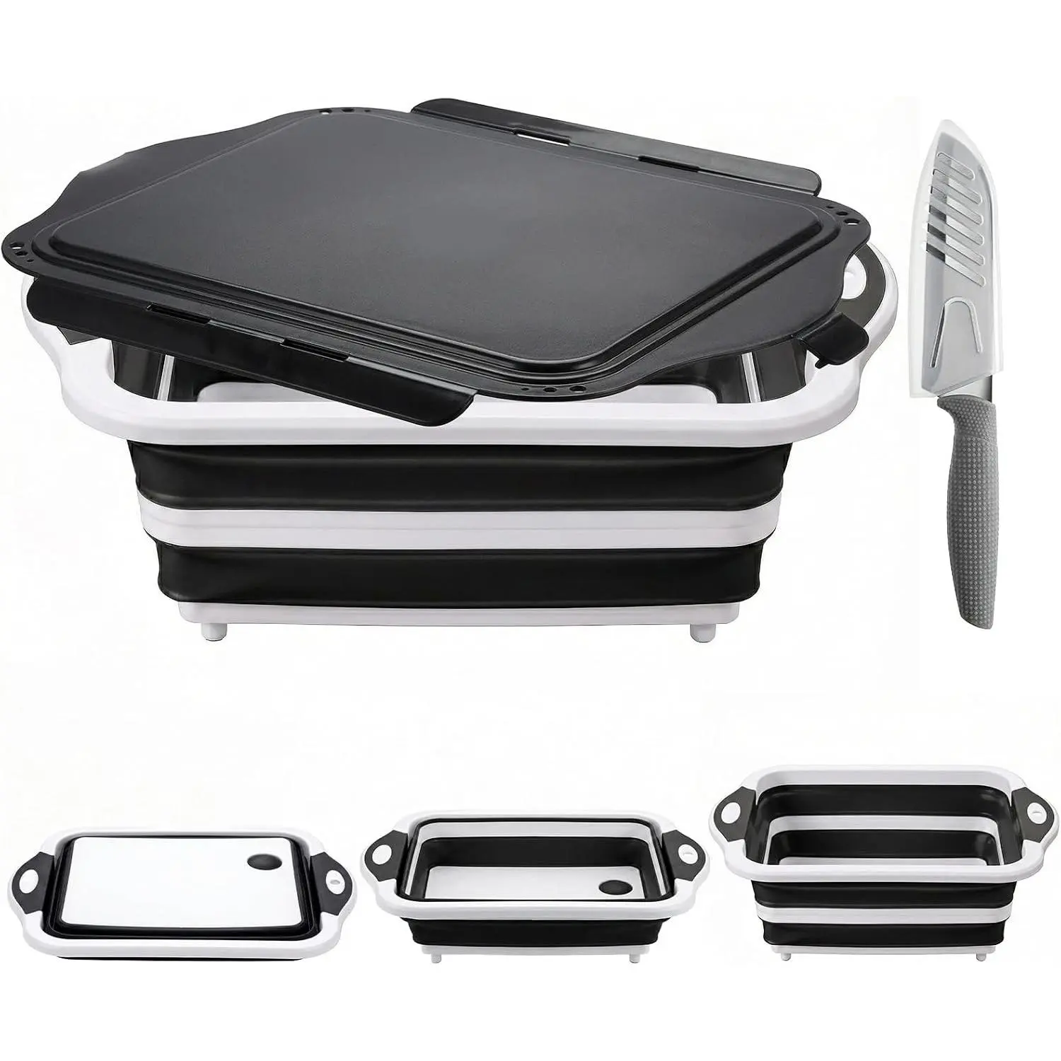 Collapsible Camping Sink with Lid, Colander, Cutting Board, Dish Basin for Kitchen, Fruit Vegetable Bowl, Picnic Storage Basket - Black