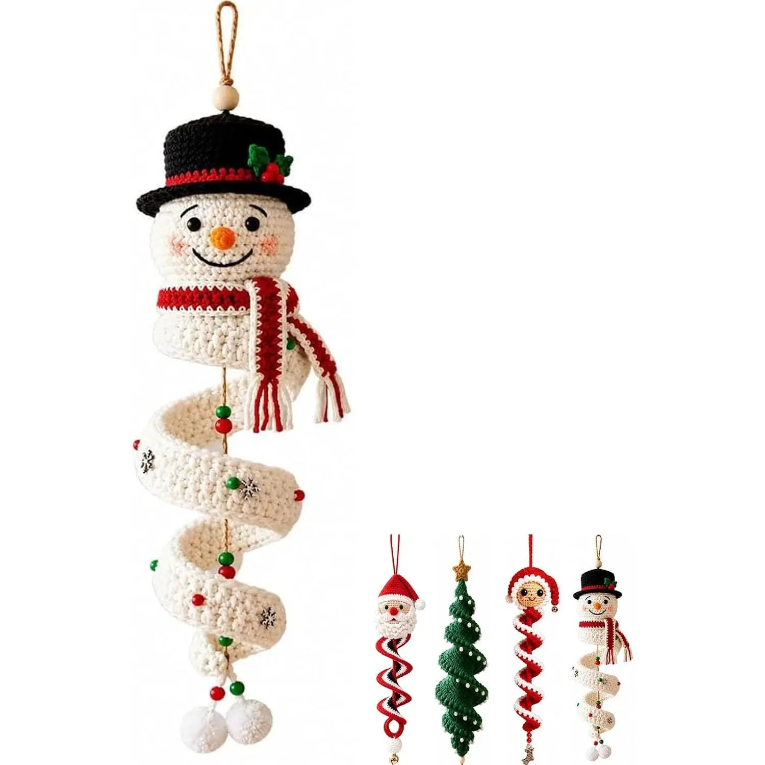 Crochet Snowman Spiral Ornament DIY Kit, Christmas Decoration (#A| Christmas Tree Crochet Craft Kit, with Yarn, Crochet Hook, and Instructions, Handmade Beginner Ornament for Window Porch Wall